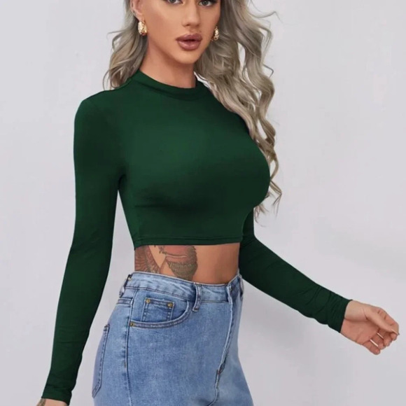 SHEIN Green Form-Fitting Mock Neck Crop Top - Picture 1 of 4